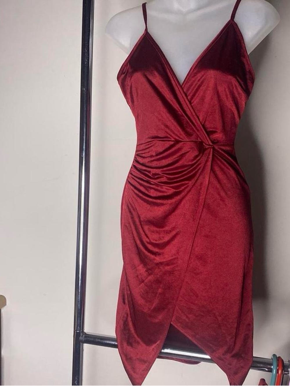 Made in USA Red Satin Wrap Midi Dress with Spaghetti Straps